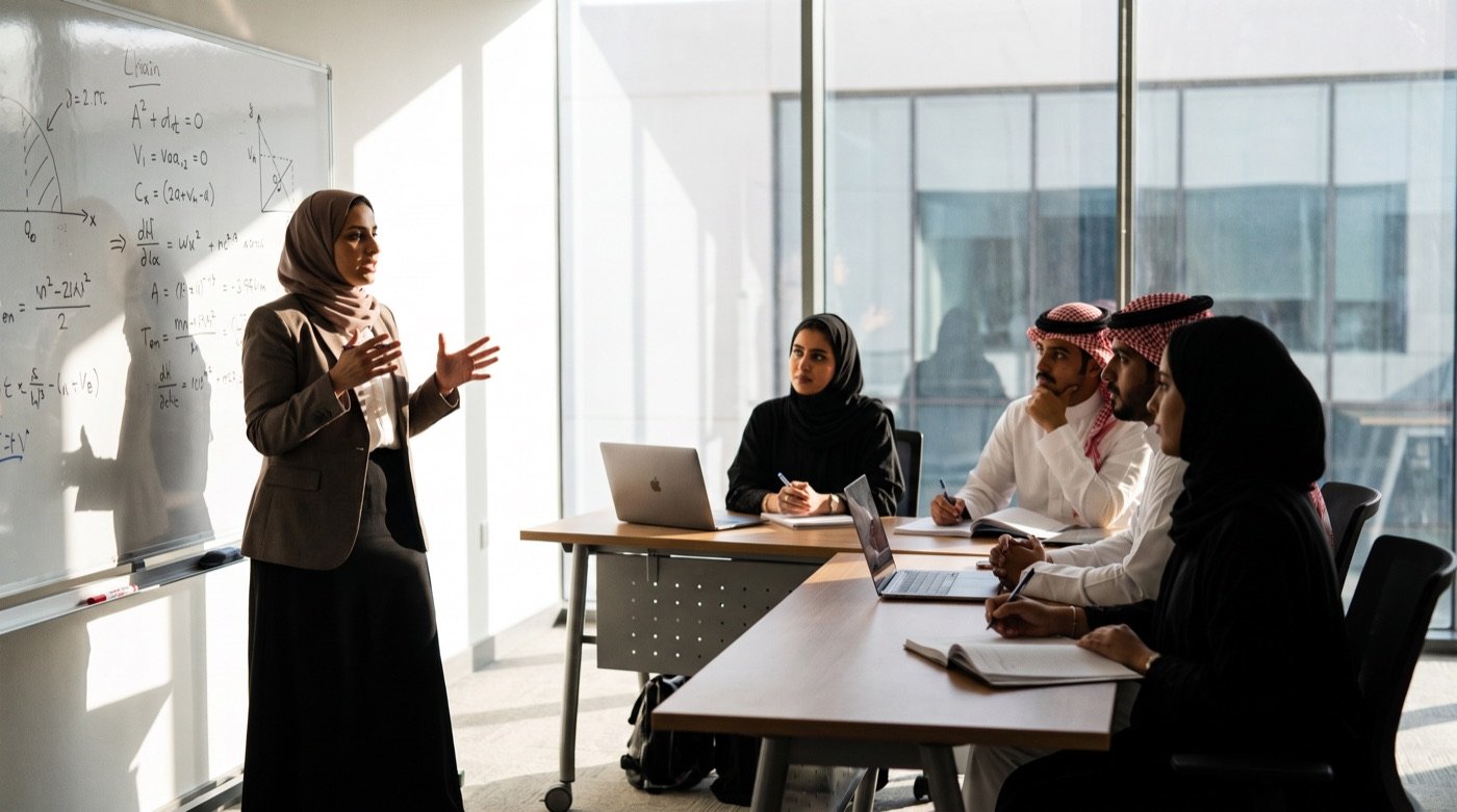 Teacher instructing a class of Saudi students